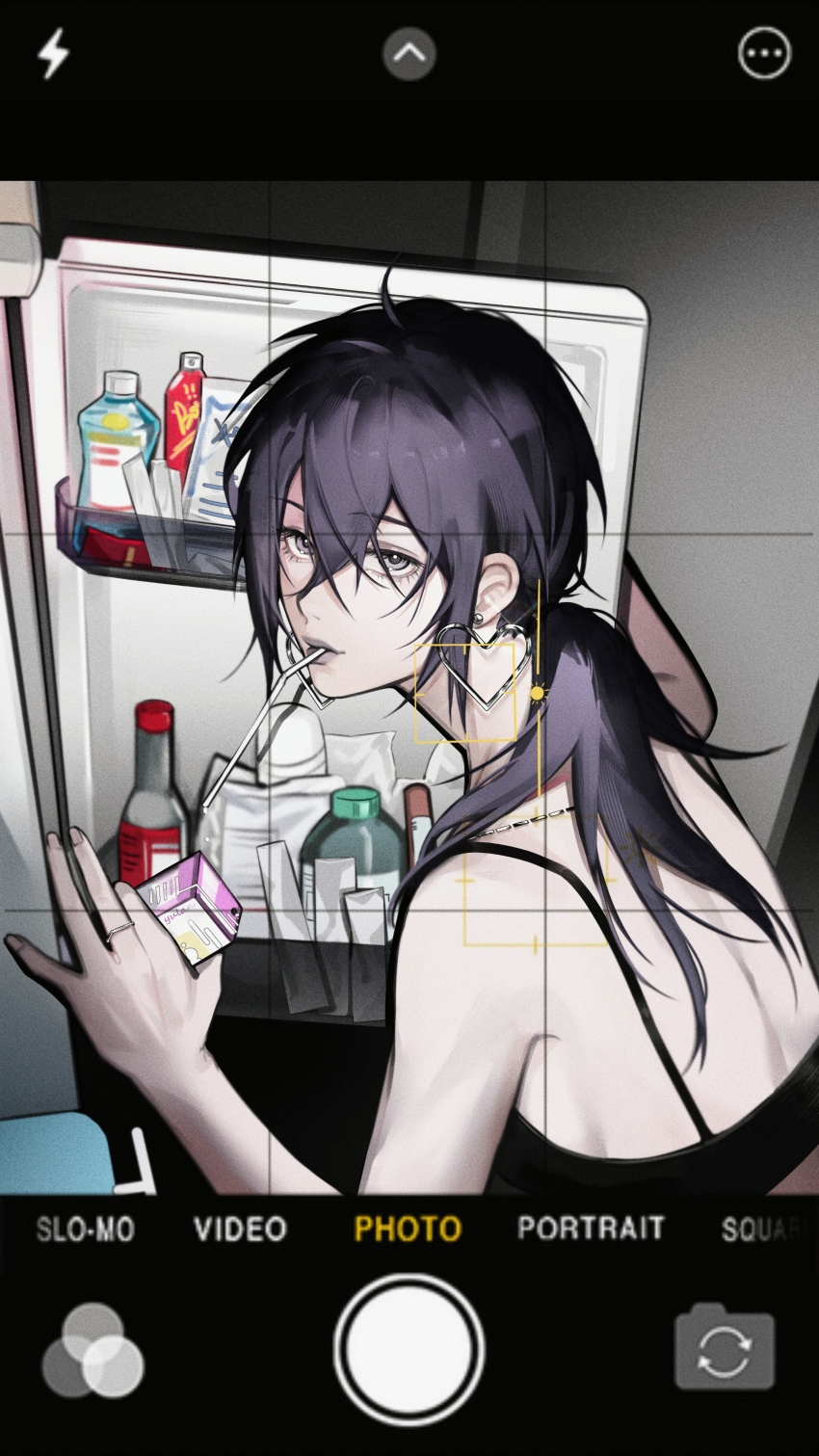 1girl, absurdres, ahoge, alternate_costume, black_bra, black_hair, bottle, bra