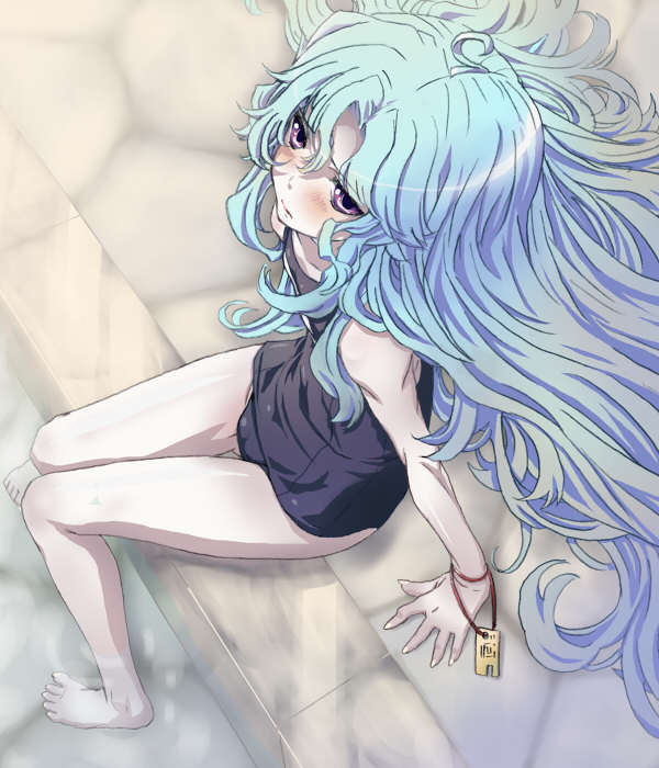 1girl, aqua_hair, barefoot, bracelet, elizabeth_walpurgis, female_focus, heppoko_r, jewelry