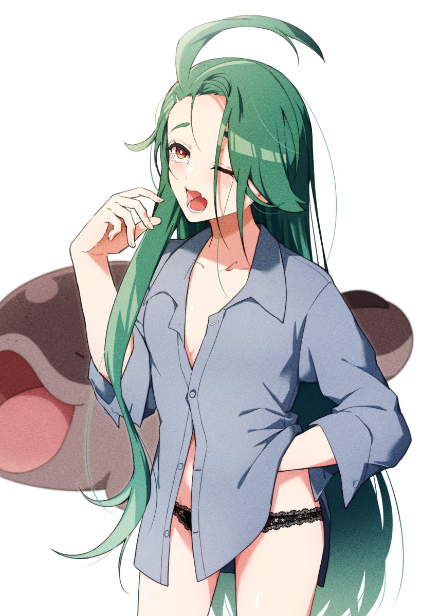 1girl, ahoge, breasts, bright_pupils, clodsire, collared_shirt, green_hair, highres