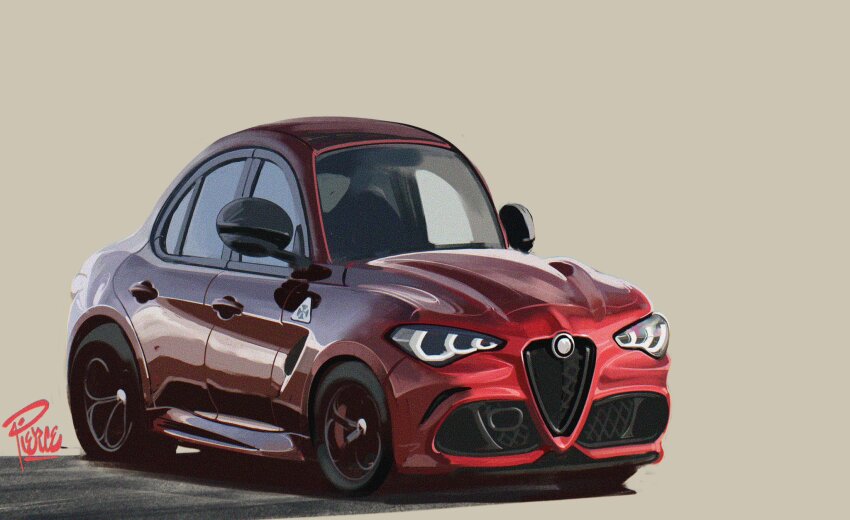 alfa_romeo, alfa_romeo_giulia, alfa_romeo_giulia_quadrifoglio, artist_name, brown_background, car, commentary, deformed