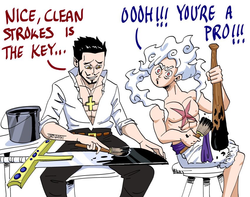 !, !!, 2boys, :>=, abs, baseball_bat, black_hair, cloud_hair