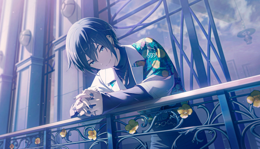 1boy, against_railing, apartment, arm_support, balcony, wallet_chain, black_pants, black_sweater