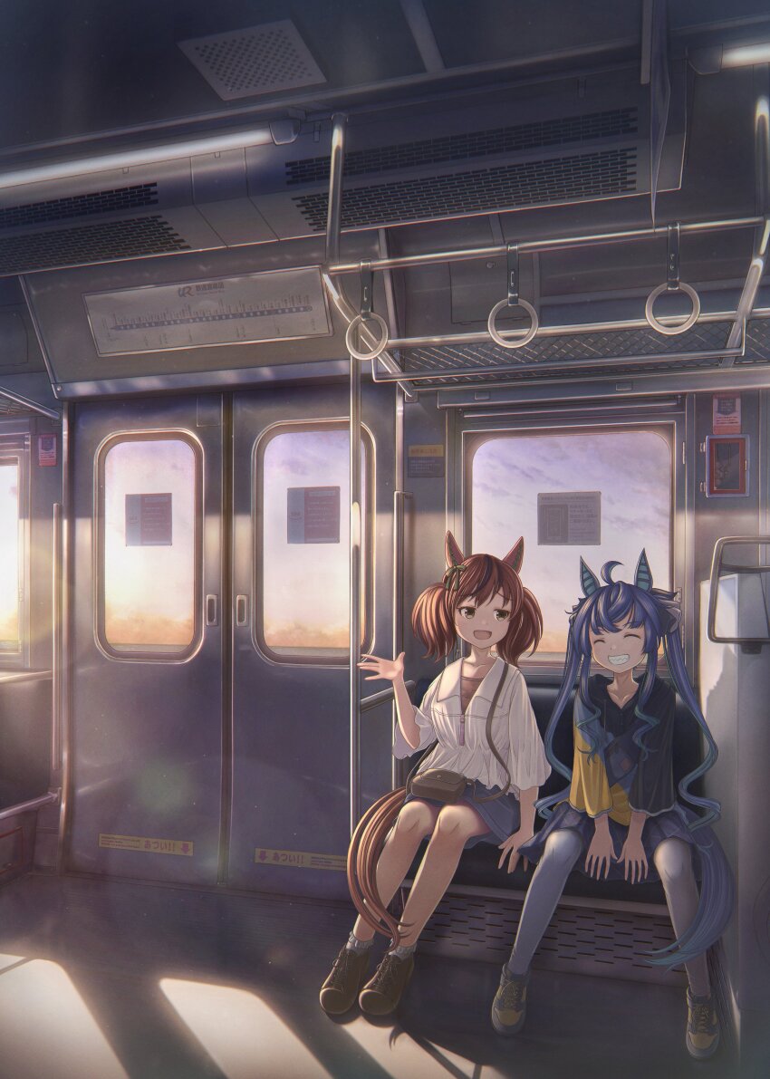 2girls, absurdres, ahoge, animal_ears, ankle_socks, aqua_hair, bag, between_legs, blue_hair, blue_skirt, bow, brown_footwear, casual, closed_eyes, commentary_request, crossed_bangs, drawstring, ear_covers, fanny_pack, grin, hair_bow, hand_between_legs, hand_up, handbag, highres, hood, hoodie, horse_ears, horse_girl, horse_tail, lens_flare, long_hair, momi_(tomoshibi_shingoujou), multicolored_hair, multicolored_hoodie, multiple_girls, nice_nature_(casual)_(umamusume), nice_nature_(umamusume), open_mouth, raised_eyebrows, red_hair, sharp_teeth, shirt, shoelaces, shoes, sidelocks, sitting, skirt, smile, sneakers, socks, streaked_hair, sunset, tail, teeth, thighhighs, three-quarter_sleeves, train_interior, twin_turbo_(casual)_(umamusume), twin_turbo_(umamusume), twintails, two-tone_hair, umamusume, white_shirt, white_thighhighs, wide_shot, yellow_eyes, yellow_shoes, ||/