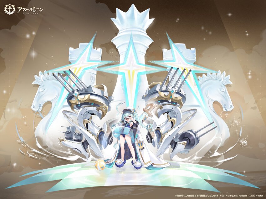 1girl, :d, anson_(azur_lane), artist_request, azur_lane, bare_shoulders, blue_footwear, blue_hair