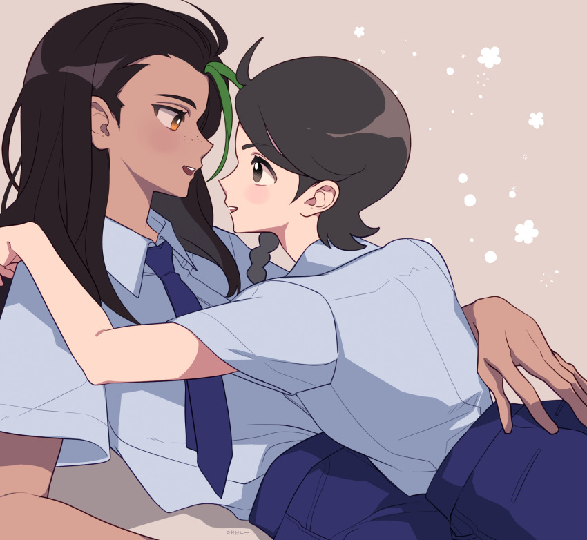 2girls, black_eyes, black_hair, blush_stickers, dodam_v, eye_contact, freckles, girl_on_top, grey_background, hair_down, highres, hug, juliana_(pokemon), long_hair, looking_at_another, multiple_girls, necktie, nemona_(pokemon), nintendo, open_mouth, orange_eyes, pokemon, pokemon_scarlet_and_violet, school_uniform, simple_background, smile, teeth, upper_teeth_only, uva_academy_school_uniform, yuri