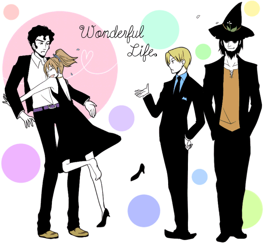 3boys, artist_request, beard, black_hair, blonde_hair, brown_hair, english_text, facial_hair