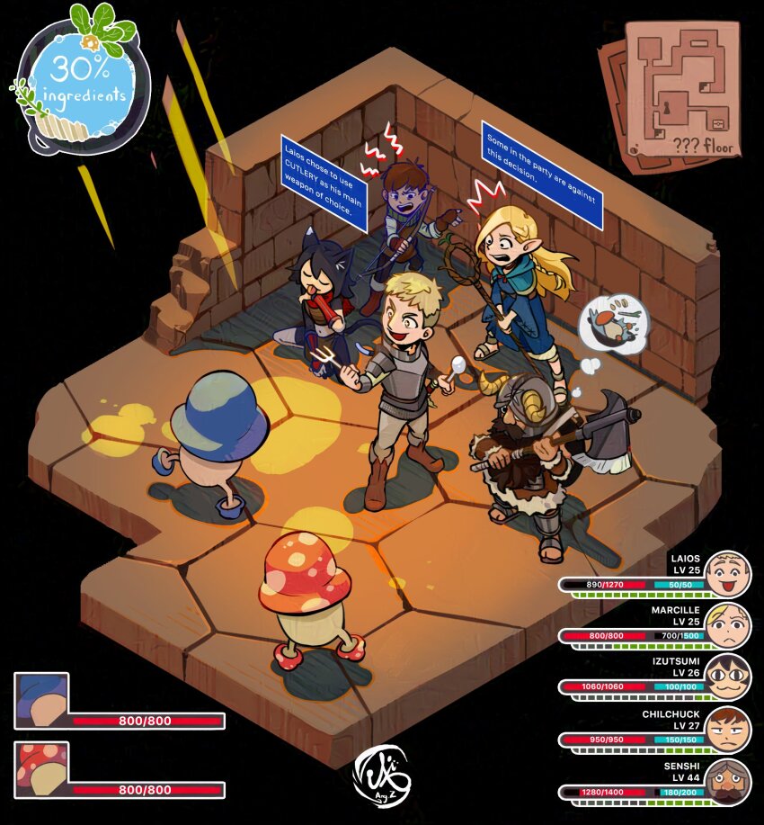 +_+, 2girls, 3boys, ^^^, ambrosia_(dungeon_meshi), artist_name, axe, az_(ang_z8s), beard, black_background, blonde_hair, blue_capelet, blue_robe, bow, bow_(weapon), brown_hair, capelet, chilchuck_tims, commentary, dungeon_meshi, english_commentary, english_text, facial_hair, fake_horns, fake_screenshot, fork, heads-up_display, health_bar, helmet, highres, holding, holding_bow_(weapon), holding_staff, holding_weapon, horned_helmet, horns, isometric, izutsumi, laios_touden, licking, licking_hand, licking_self, long_beard, looking_at_another, mage_staff, marcille_donato, minimap, multiple_boys, multiple_girls, mustache, navel, pointy_ears, robe, sandals, senshi_(dungeon_meshi), short_hair, signature, sitting, speech_bubble, spoon, staff, thought_bubble, user_interface, walking_mushroom_(dungeon_meshi), weapon