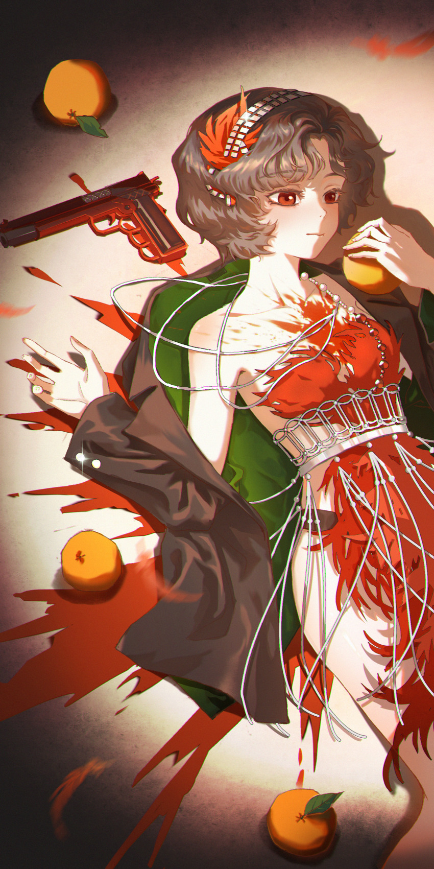 1girl, absurdres, black_coat, black_hair, blood, blood_on_chest, blood_on_ground, closed_mouth, coat, curly_hair, dress, feather_dress, feather_hair_ornament, feathers, feet_out_of_frame, food, from_above, fruit, gun, hair_ornament, hairband, hand_up, handgun, highres, holding, holding_food, holding_fruit, jewelry, looking_ahead, lying, metal_0521, necklace, on_back, on_ground, orange_(fruit), pearl_necklace, red_dress, red_eyes, reverse:1999, schneider_(reverse:1999), shadow, short_dress, short_hair, single_bare_shoulder, single_off_shoulder, solo, spotlight, strapless, strapless_dress, weapon