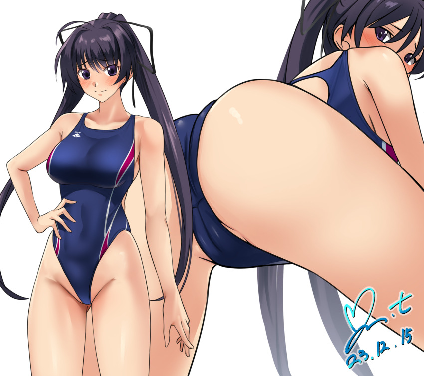 1girl, ass, bare_legs, black_eyes, black_hair, blue_one-piece_swimsuit, breasts, commission, competition_swimsuit, dated, hair_ribbon, hand_on_own_hip, highleg, highleg_one-piece_swimsuit, highres, large_breasts, long_hair, looking_ahead, looking_at_viewer, looking_back, memories_off_2nd, one-piece_swimsuit, pixiv_commission, ponytail, revision, ribbon, signature, simple_background, solo, standing, suzuna_takano, swimsuit, thighs, two-tone_swimsuit, white_background, yoo_tenchi