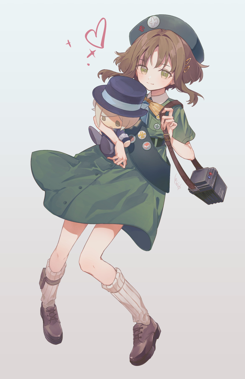 1girl, absurdres, badge, blush, bow, bowtie, brown_hair, button_badge, doll, dress, eagle_(reverse:1999), ebi0_r, full_body, girl_scout, green_dress, green_eyes, green_hat, green_sash, hair_ornament, hairclip, hat, heart, highres, holding, holding_doll, light_smile, looking_at_viewer, medium_hair, reverse:1999, sash, scout_movement, signature, socks, vertin_(reverse:1999), white_socks, yellow_bow, yellow_bowtie