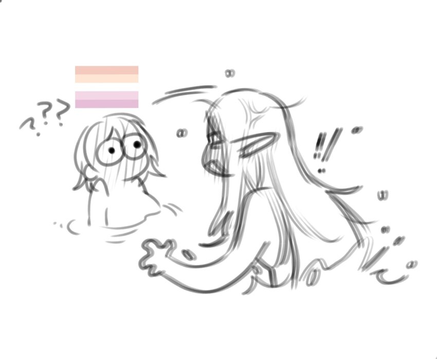 2girls, blush, breasts, commentary, dachell_art, dungeon_meshi, ear_blush, elf