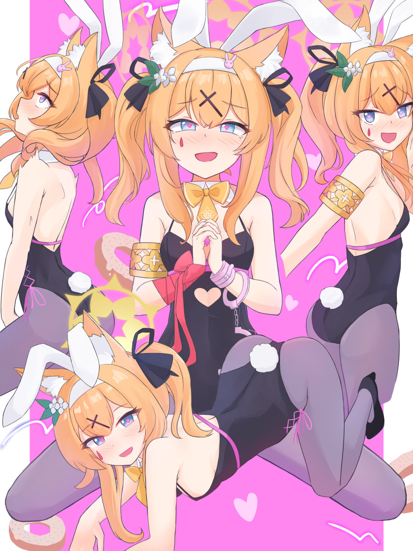 1girl, :d, absurdres, all_fours, alternate_costume, alternate_hairstyle, animal_ears, arm_ribbon