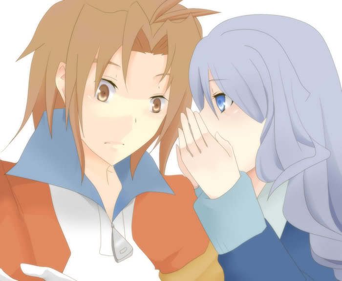 1boy, 1girl, antenna_hair, artist_request, blue_eyes, blue_hair, brown_eyes, brown_hair