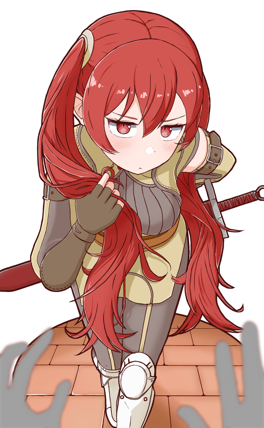 1girl, 1other, amagumo1023, blush, boots, breasts, commentary_request, dot_nose, fire_emblem, fire_emblem_awakening, garter_straps, highres, leaning_forward, looking_at_viewer, nintendo, pout, pov, pov_hands, red_eyes, red_hair, severa_(fire_emblem), sheath, sheathed, sword, twintails, v-shaped_eyebrows, weapon, white_footwear