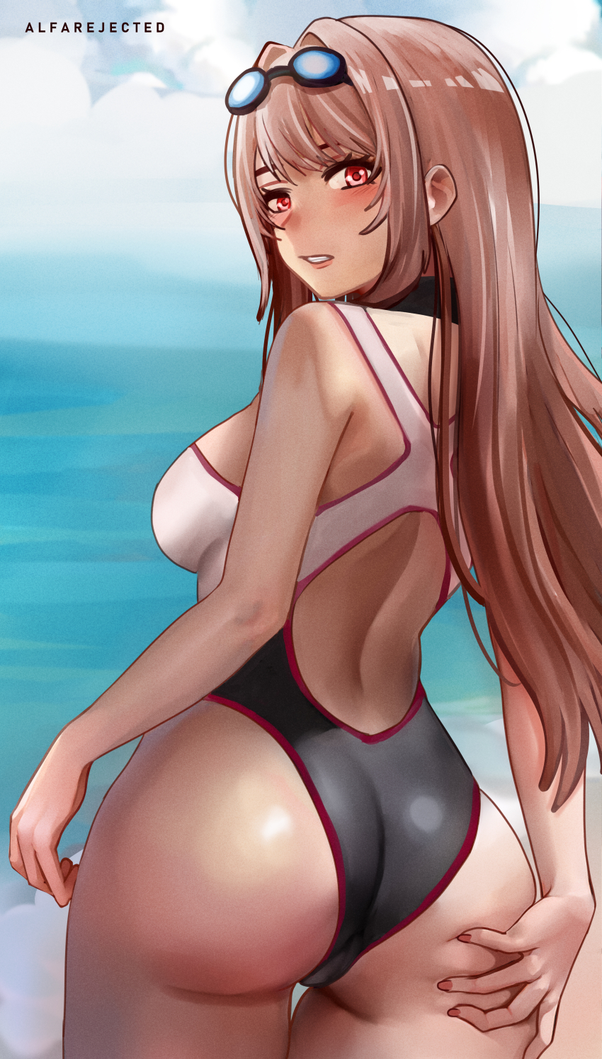 1girl, absurdres, alfarejected, artist_name, ass, beach, black_one-piece_swimsuit, blush, breasts, curvy, day, from_behind, goddess_of_victory:_nikke, goggles, goggles_on_head, grabbing_own_ass, highleg, highleg_one-piece_swimsuit, highres, huge_ass, looking_at_viewer, looking_back, medium_breasts, ocean, one-piece_swimsuit, outdoors, rapi_(classic_vacation)_(nikke), rapi_(nikke), sand, shiny_skin, skindentation, swimsuit, two-tone_swimsuit, water, white_one-piece_swimsuit, wide_hips