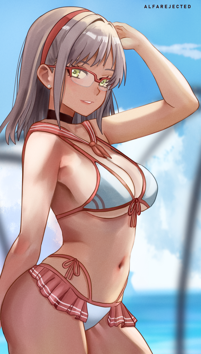 1girl, absurdres, alfarejected, artist_name, beach, bikini, bikini_skirt, black_choker