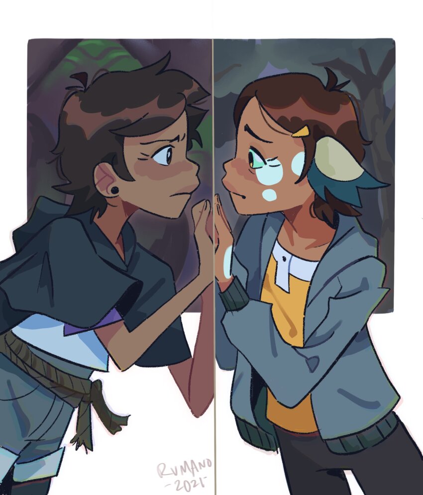 2girls, animal_ears, black_capelet, blue_shorts, capelet, dark-skinned_female, dark_skin, earrings