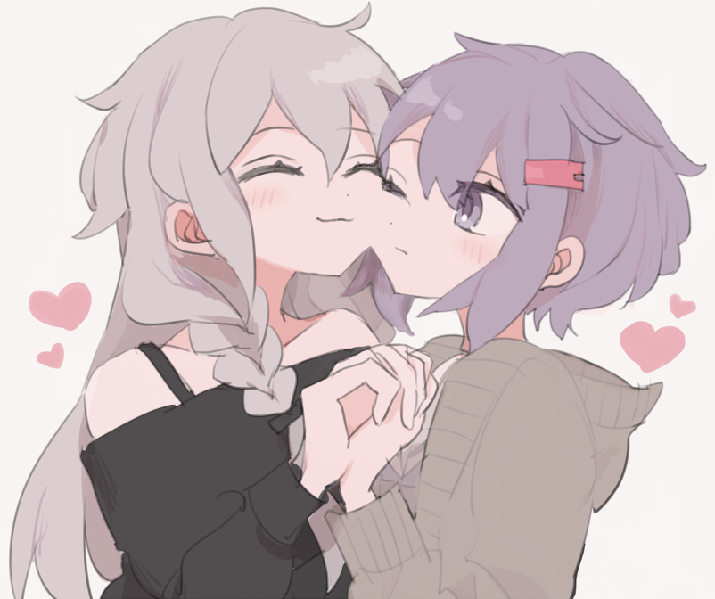 2girls, a.i._voice, black_shirt, blush, cheek-to-cheek, closed_eyes, closed_mouth, grey_hair