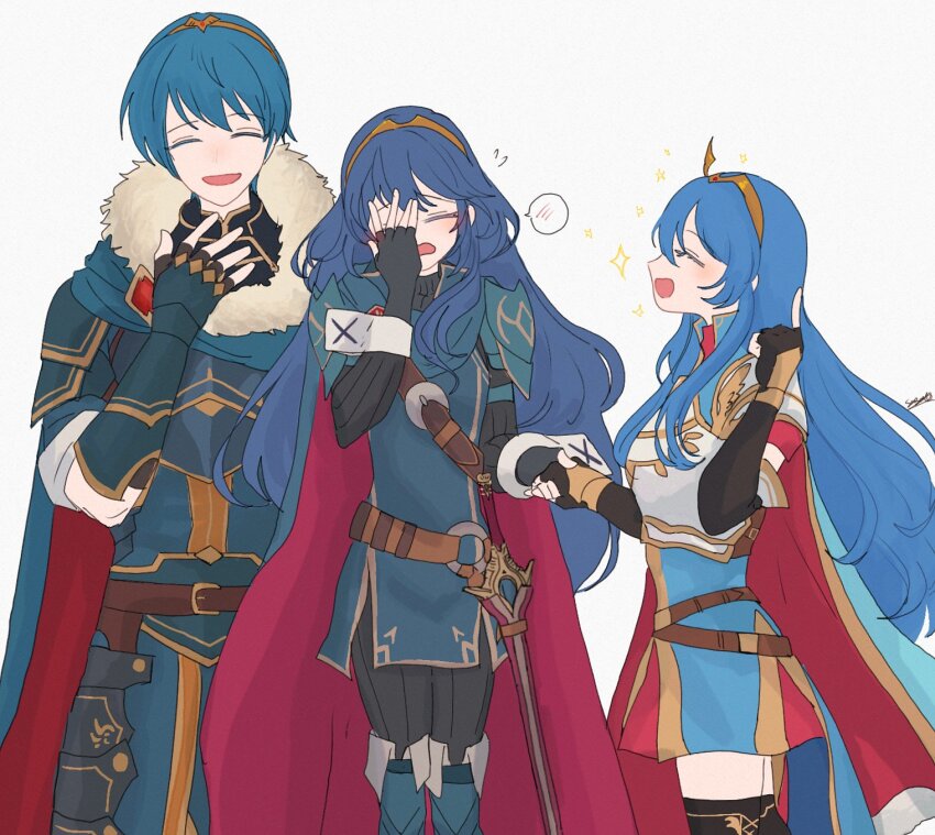 1boy, 2girls, ancestor_and_descendant, armor, belt, black_gloves, blue_cape, blue_dress