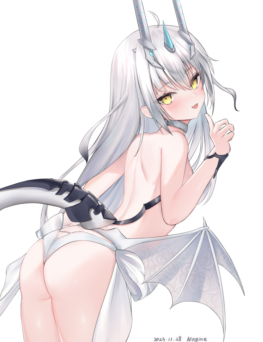 1girl, :d, absurdres, ahoge, artist_name, ass, back, bare_shoulders, butt_crack, choker, cowboy_shot, dated, dragon_girl, dragon_horns, dragon_tail, fang, fate/grand_order, fate_(series), from_behind, grey_hair, hand_up, highres, horns, index_finger_raised, long_hair, looking_at_viewer, looking_back, low_wings, melusine_(fate), melusine_(swimsuit_ruler)_(fate), melusine_(swimsuit_ruler)_(second_ascension)_(fate), nagine, one-piece_swimsuit, open_mouth, pointing, pointing_at_self, sidelocks, simple_background, smile, solo, swimsuit, tail, white_background, white_choker, white_one-piece_swimsuit, wings, yellow_eyes