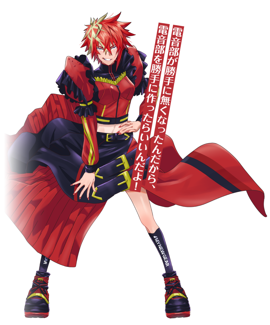 1girl, belt, black_belt, black_socks, blonde_hair, blue_eyes, breasts, cropped_jacket, denonbu, full_body, gaga_rekka, grin, hair_between_eyes, hand_on_own_hip, juliet_sleeves, kneehighs, kojima_hirokazu, legs_apart, logo, long_sleeves, looking_at_viewer, medium_breasts, multicolored_hair, nail_polish, official_art, puffy_sleeves, red_hair, red_nails, red_shoes, red_skirt, second-party_source, shoes, short_hair, skirt, smile, socks, solo, standing, streaked_hair, tachi-e, translation_request, transparent_background