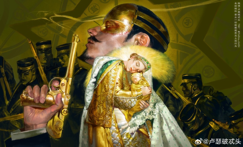 1boy, 2girls, absurdres, baby, baby_carry, black_hair, blonde_hair, blowing_smoke, borchardt_c-93, cape, carrying, character_request, cloak, closed_eyes, dress, facepaint, facial_hair, fina_(golden_kamuy), forehead_protector, goatee, gold, golden_kamuy, gun, hair_slicked_back, handgun, hat, headdress, highres, holding, holding_gun, holding_weapon, military_hat, military_uniform, multiple_girls, mustache, olga_(golden_kamuy), quilted_clothes, realistic, rifle, scar, scar_on_face, swaddled, tsurumi_tokushirou, tudou_estor, twitter_username, weapon