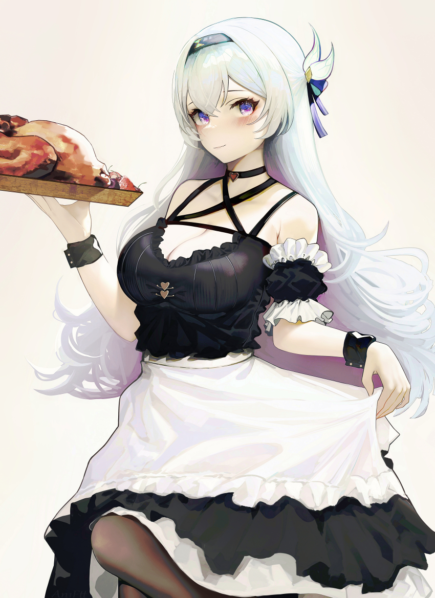 1girl, absurdres, apron, black_choker, black_dress, black_hairband, breasts, brown_pantyhose