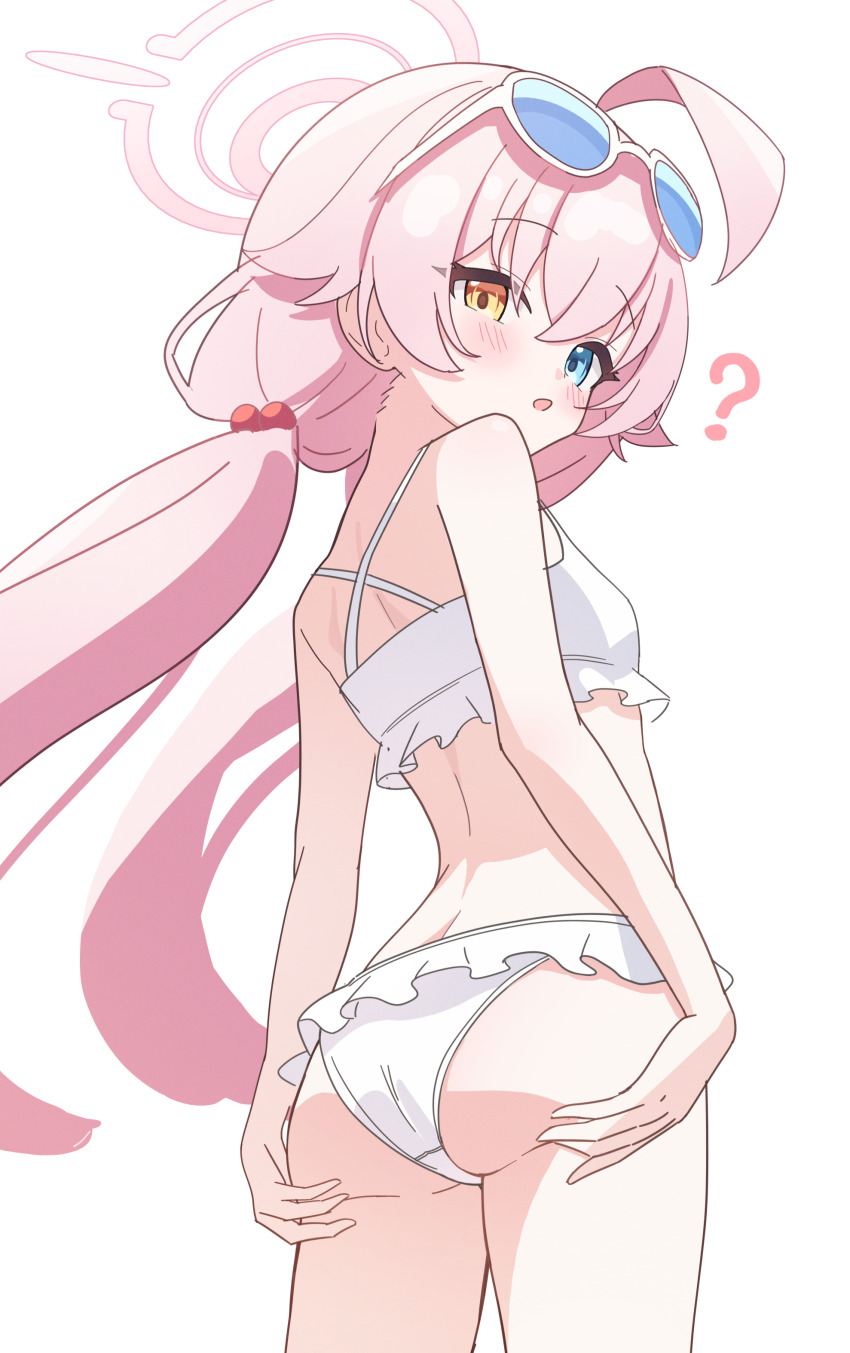 1girl, ?, absurdres, ahoge, ass, ass_focus, ass_support, back, bare_arms, bare_shoulders, bikini, blue_archive, blue_eyes, blush, cowboy_shot, eyewear_on_head, flat_chest, frilled_bikini, frills, from_behind, halo, hands_on_own_ass, heterochromia, highres, hoshino_(blue_archive), hoshino_(swimsuit)_(blue_archive), long_hair, looking_at_viewer, looking_back, low_twintails, nonddu, official_alternate_costume, open_mouth, pink_hair, pink_halo, sidelocks, simple_background, solo, standing, swimsuit, thighs, twintails, very_long_hair, white_background, white_bikini, yellow_eyes