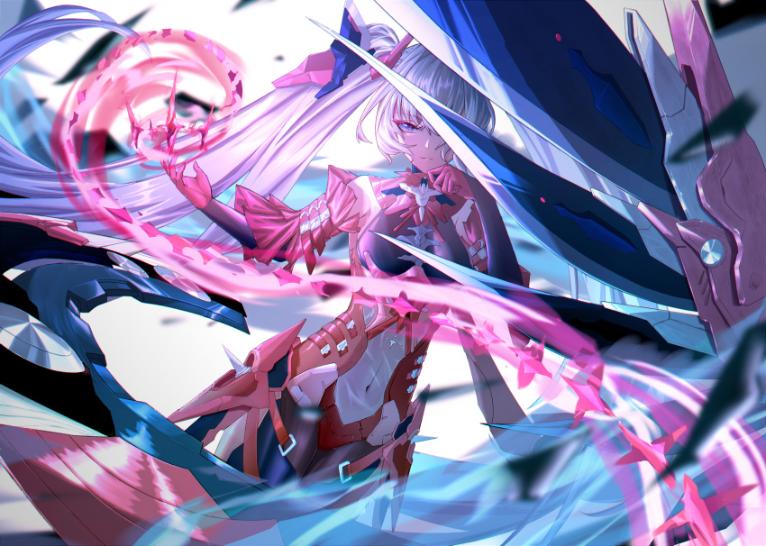 1girl, absurdres, black_bodysuit, black_gloves, black_pantyhose, bodysuit, cross-shaped_pupils, detached_sleeves, elbow_gloves, gloves, grey_hair, headgear, highres, hong_hua_yin_hua, long_hair, luna:_oblivion_(pgr), luna_(pgr), mechanical_wings, midriff, navel, pantyhose, punishing:_gray_raven, red_eyes, red_gloves, red_sleeves, sidelocks, single_wing, solo, symbol-shaped_pupils, twintails, two-tone_gloves, wings