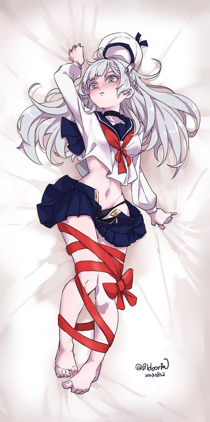 1girl, absurdres, barefoot, beret, bidortw, black_panties, blue_eyes, blush, bound, bound_legs, braid, breasts, chinese_commentary, clothes_pull, commentary_request, dakimakura_(medium), dated, full_body, game_controller, grey_hair, hat, highres, indie_virtual_youtuber, joy-con, lying, medium_breasts, miniskirt, navel, on_back, panties, red_ribbon, ren_(ren0809k)_(vtuber), ribbon, school_uniform, serafuku, skirt, skirt_pull, solo, toe_scrunch, twitter_username, underwear, unworn_hat, unworn_headwear, virtual_youtuber