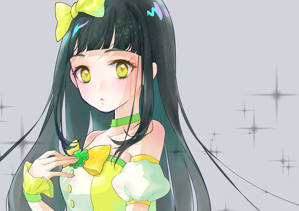 1girl, bare_shoulders, black_hair, blunt_bangs, bow, choker, closed_mouth, expressionless