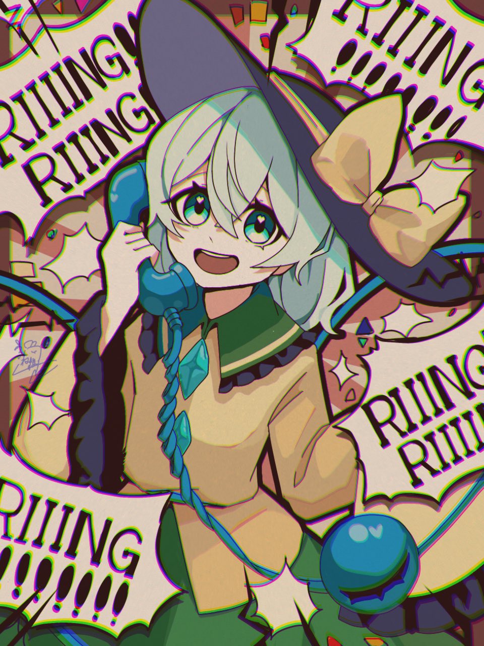 1girl, black_hat, blouse, bow, buttons, diamond_button, eyeball, frilled_shirt_collar, frilled_sleeves, frills, green_hair, green_skirt, hat, hat_bow, hat_ribbon, heart, heart_of_string, highres, holding, holding_phone, komeiji_koishi, namako232, open_mouth, phone, ribbon, shirt, skirt, solo, speech_bubble, teeth, third_eye, touhou, upper_teeth_only, wide_sleeves, yellow_bow, yellow_ribbon, yellow_shirt