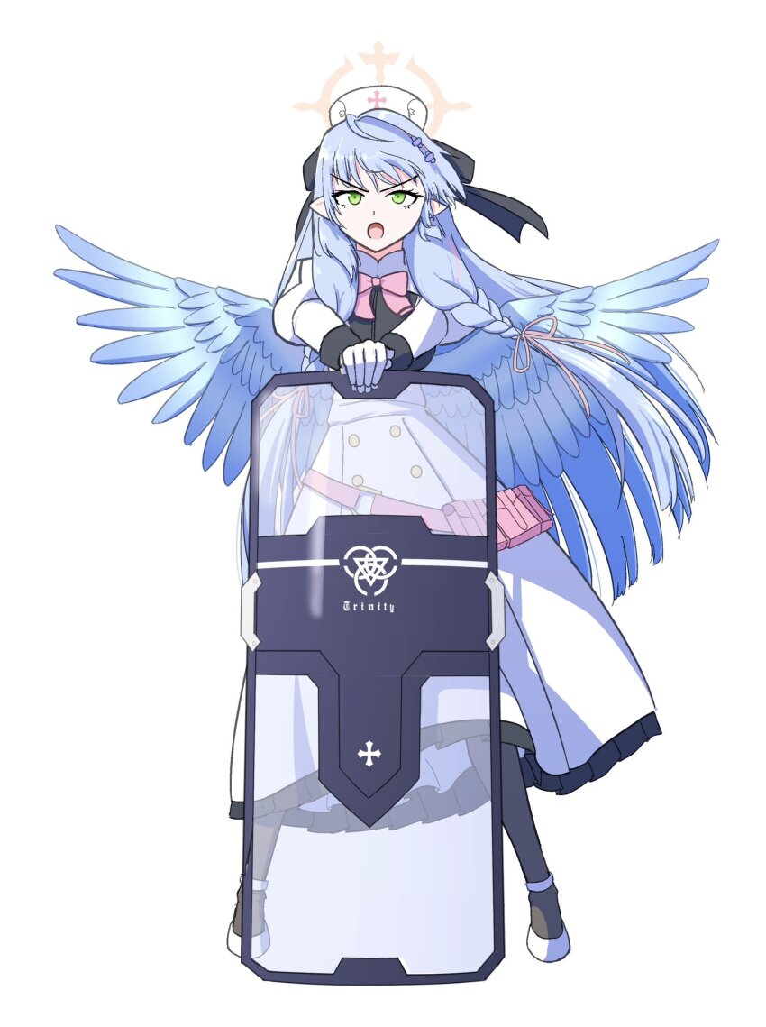 1girl, black_pantyhose, blue_archive, blue_hair, blue_wings, braid, dress, full_body, gloves, green_eyes, halo, hat, highres, jamira, long_dress, long_hair, mine_(blue_archive), nurse_cap, pantyhose, pointy_ears, riot_shield, shield, twin_braids, white_gloves, wings