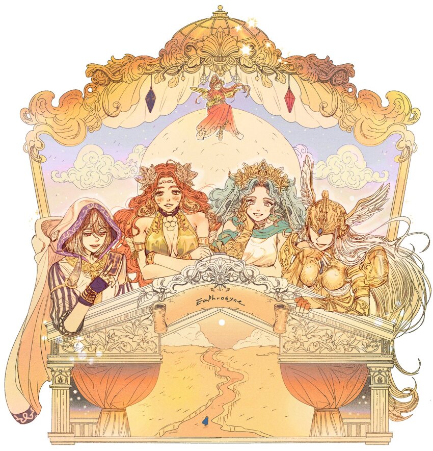 5girls, adventurer_(ff14), arm_rest, armlet, armor, azeyma, bare_shoulders, between_fingers