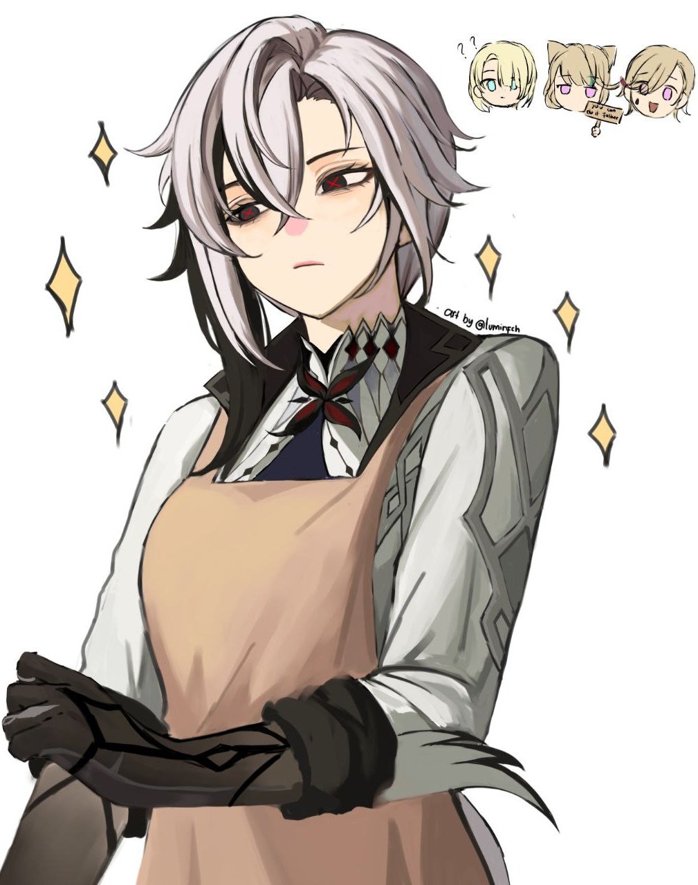 2boys, 2girls, apron, arlecchino_(genshin_impact), black_eyes, black_hair, brown_apron, commentary