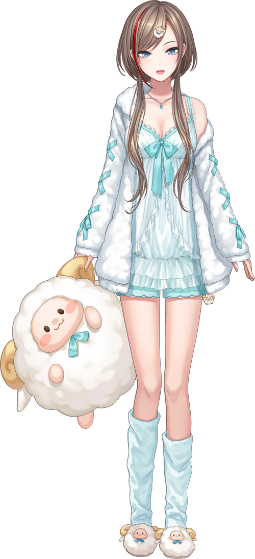 1girl, animal_slippers, blue_bow, blue_eyes, blue_shorts, blue_socks, bow, breasts, brown_hair, cleavage, full_body, holding, holding_stuffed_toy, jacket, jewelry, kurusu_natsume, kurusu_natsume_(3rd_costume), long_hair, long_sleeves, looking_at_viewer, medium_breasts, multicolored_hair, necklace, nightgown, nijisanji, off_shoulder, official_art, open_mouth, red_hair, shorts, slippers, smile, socks, solo, streaked_hair, stuffed_animal, stuffed_toy, tachi-e, transparent_background, uni_(cowardly_bug), virtual_youtuber, white_jacket