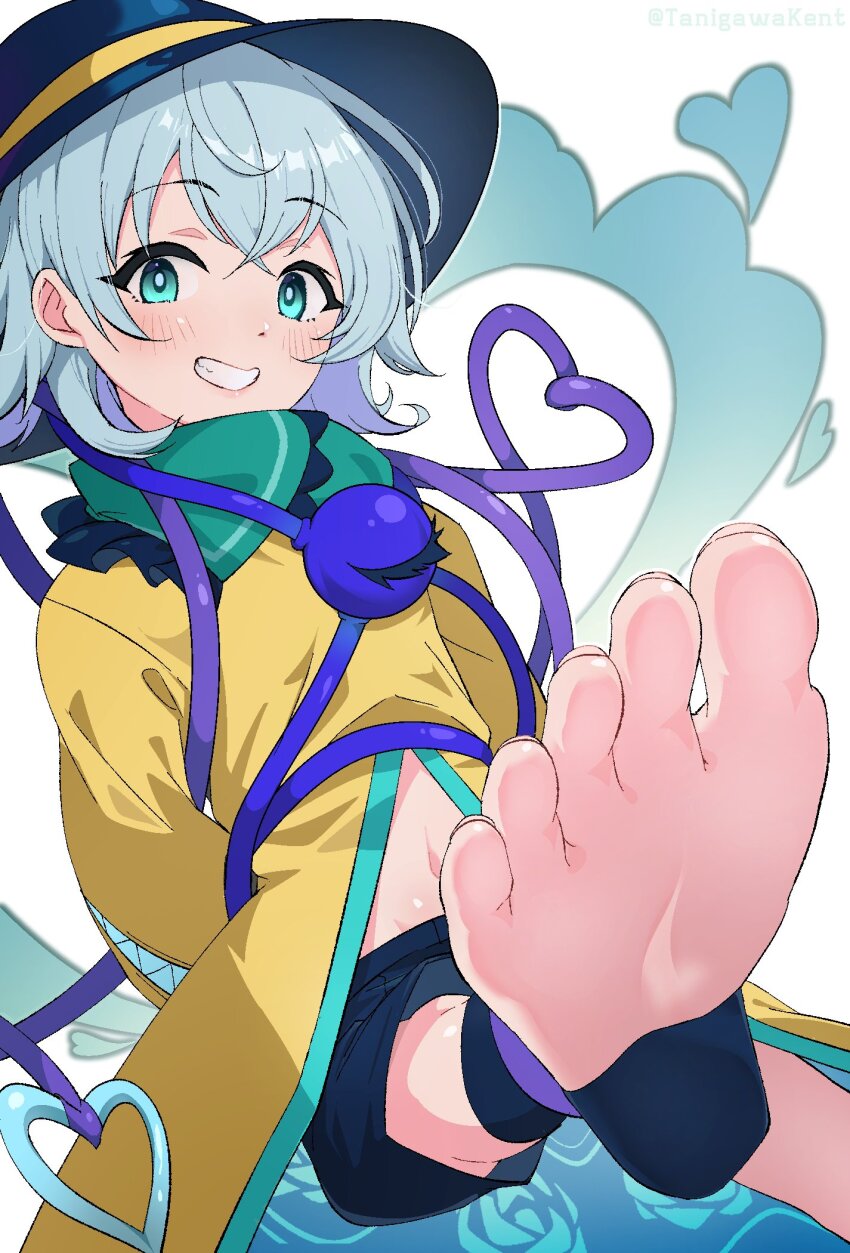 1girl, barefoot, black_footwear, black_hat, blouse, blue_eyes, eyeball, feet, frilled_shirt_collar, frilled_sleeves, frills, grey_hair, hat, heart, heart_of_string, highres, komeiji_koishi, open_clothes, open_mouth, open_robe, ribbon, robe, shirt, smile, solo, tanigawa_kent, teeth, touhou, white_background, zipper