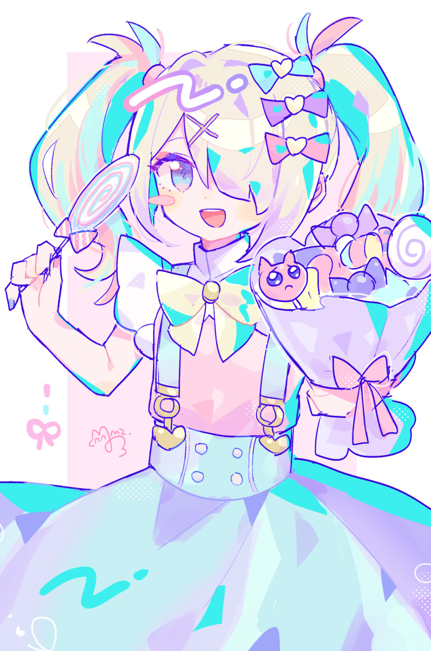 1girl, :d, ame-chan_(needy_girl_overdose), blonde_hair, blue_eyes, blue_skirt, bouquet, bow