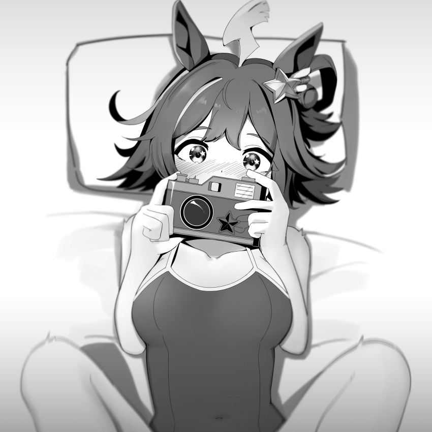 1girl, absurdres, ahoge, alternate_costume, animal_ears, artist_request, bed, blush, breasts, camera, collarbone, covered_navel, hair_bun, hair_ornament, highres, holding, holding_camera, horse_ears, implied_sex, looking_at_viewer, medium_breasts, monochrome, pillow, pov, rhein_kraft_(umamusume), school_swimsuit, solo_focus, spread_legs, swimsuit, taking_picture, umamusume