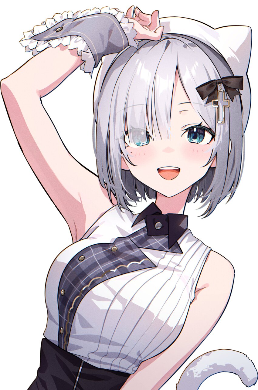 absurdres, amopui, animal_ears, armpits, bare_shoulders, black_bow, blue_eyes, blunt_bangs