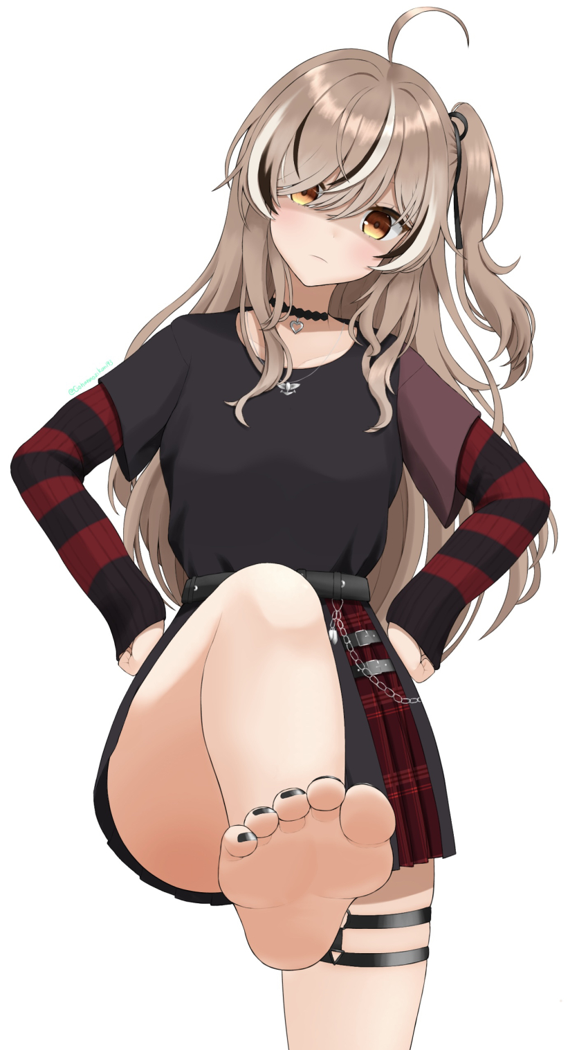 1girl, absurdres, barefoot, black_choker, black_hair, black_nails, black_ribbon, black_shirt, black_skirt, black_sweater, breasts, brown_eyes, brown_hair, choker, feet, hair_ribbon, highres, hololive, hololive_english, lace-trimmed_choker, lace_trim, long_hair, looking_at_viewer, medium_breasts, multicolored_hair, nanashi_mumei, nanashi_mumei_(emo), official_alternate_costume, one_side_up, pleated_skirt, red_sweater, ribbon, shirt, skirt, soles, solo, streaked_hair, striped_clothes, striped_sweater, sweater, sweater_under_shirt, tamagotozi3420, thigh_strap, toenails, virtual_youtuber, white_hair