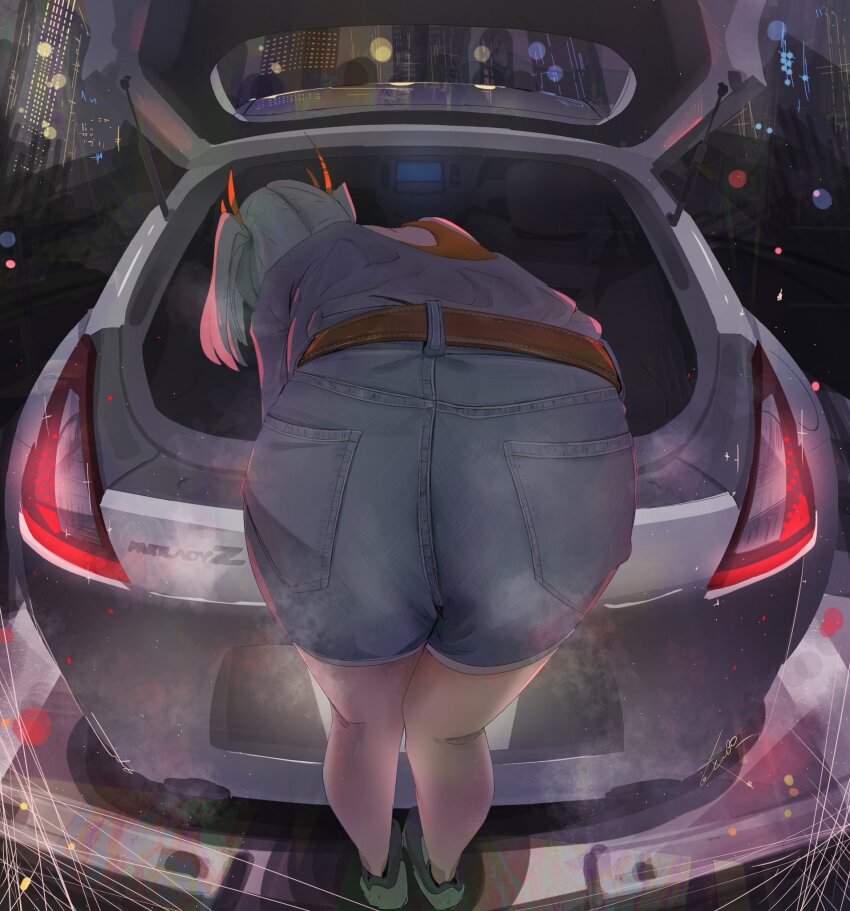 1girl, ass, ass_focus, belt, blue_shorts, blue_sweater, brown_belt, car