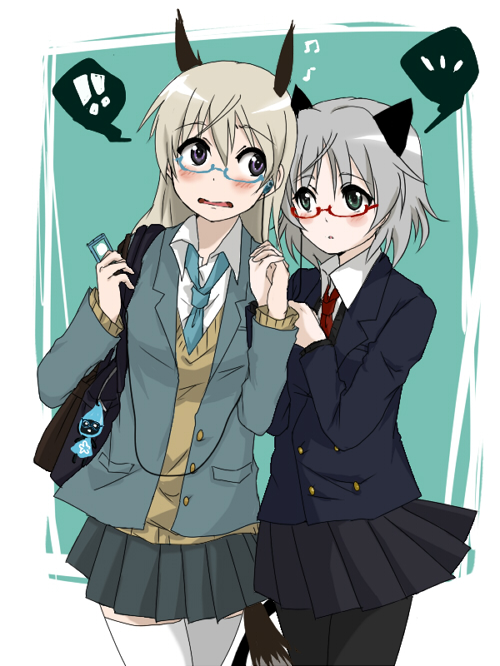 2girls, ageo, animal_ears, bad_id, bad_pixiv_id, bag, bespectacled, black_legwear, blonde_hair, blue_eyes, blush, cat_ears, cat_tail, eila_ilmatar_juutilainen, fox_ears, fox_tail, glasses, green_eyes, holding_hands, long_hair, multiple_girls, necktie, pantyhose, sanya_v._litvyak, school_bag, school_uniform, short_hair, silver_hair, skirt, strike_witches, tail, thighhighs, tonttu, world_witches_series, zettai_ryouiki