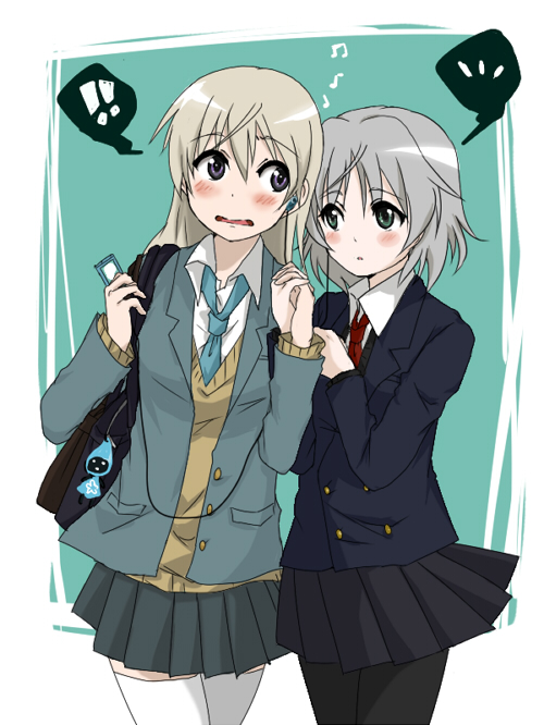 !, ..., 2girls, ageo, bad_id, bad_pixiv_id, bag, black_pantyhose, blonde_hair, blue_eyes, blush, eila_ilmatar_juutilainen, green_eyes, holding_hands, long_hair, multiple_girls, necktie, pantyhose, sanya_v._litvyak, school_bag, school_uniform, short_hair, silver_hair, skirt, strike_witches, thighhighs, tonttu, world_witches_series, zettai_ryouiki