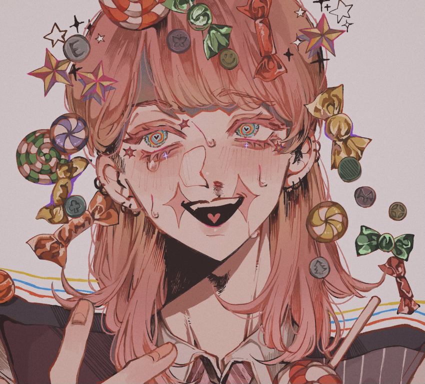 1boy, blood, blue_eyes, blush, candy, close-up, collared_shirt, drugged