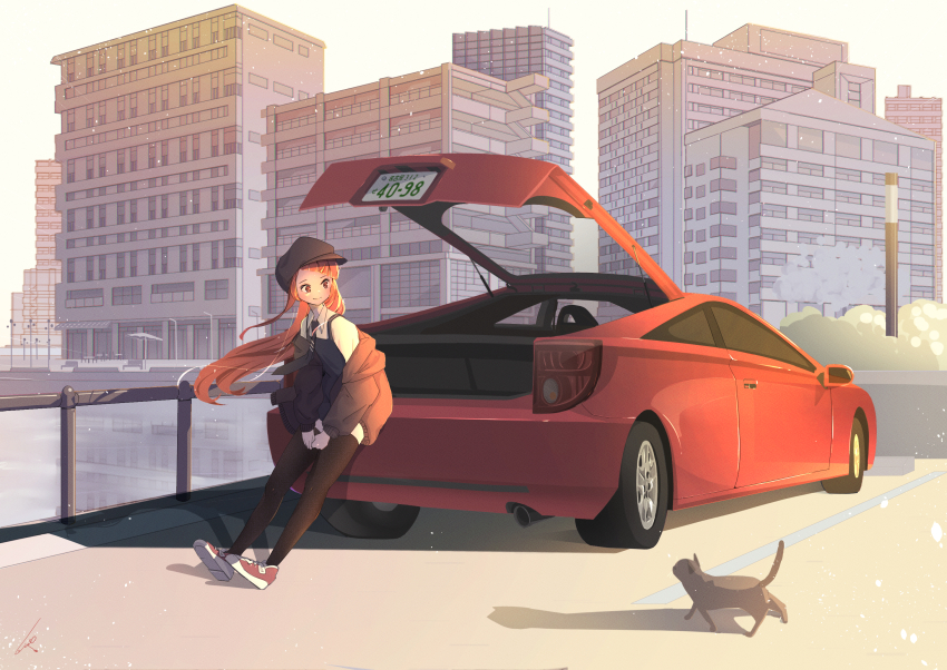 1girl, black_dress, black_hat, black_thighhighs, brown_eyes, brown_jacket, bush, car