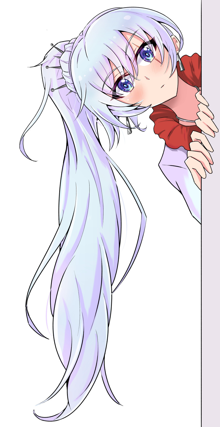 1girl, absurdres, bakuma, blue_eyes, closed_mouth, earrings, hair_between_eyes, hand_on_wall