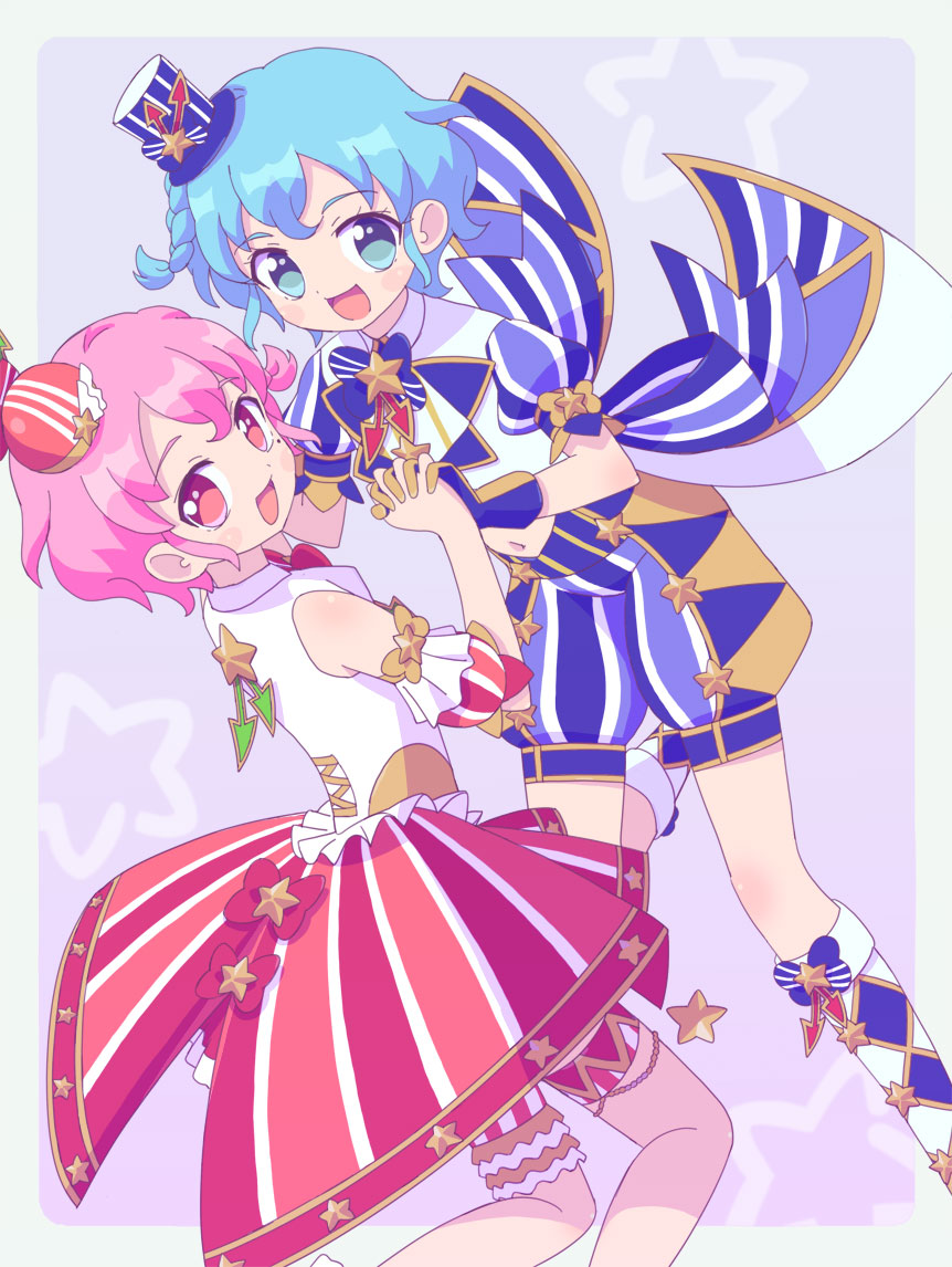 1boy, 1girl, :d, blue_eyes, blue_hair, blue_shorts, boots, border