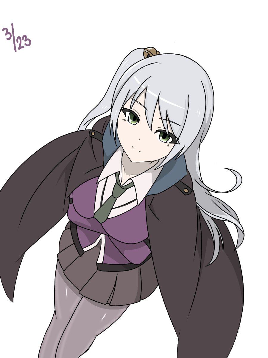 1girl, arms_under_breasts, assault_lily, bell, black_cloak, black_skirt, breasts, cardigan