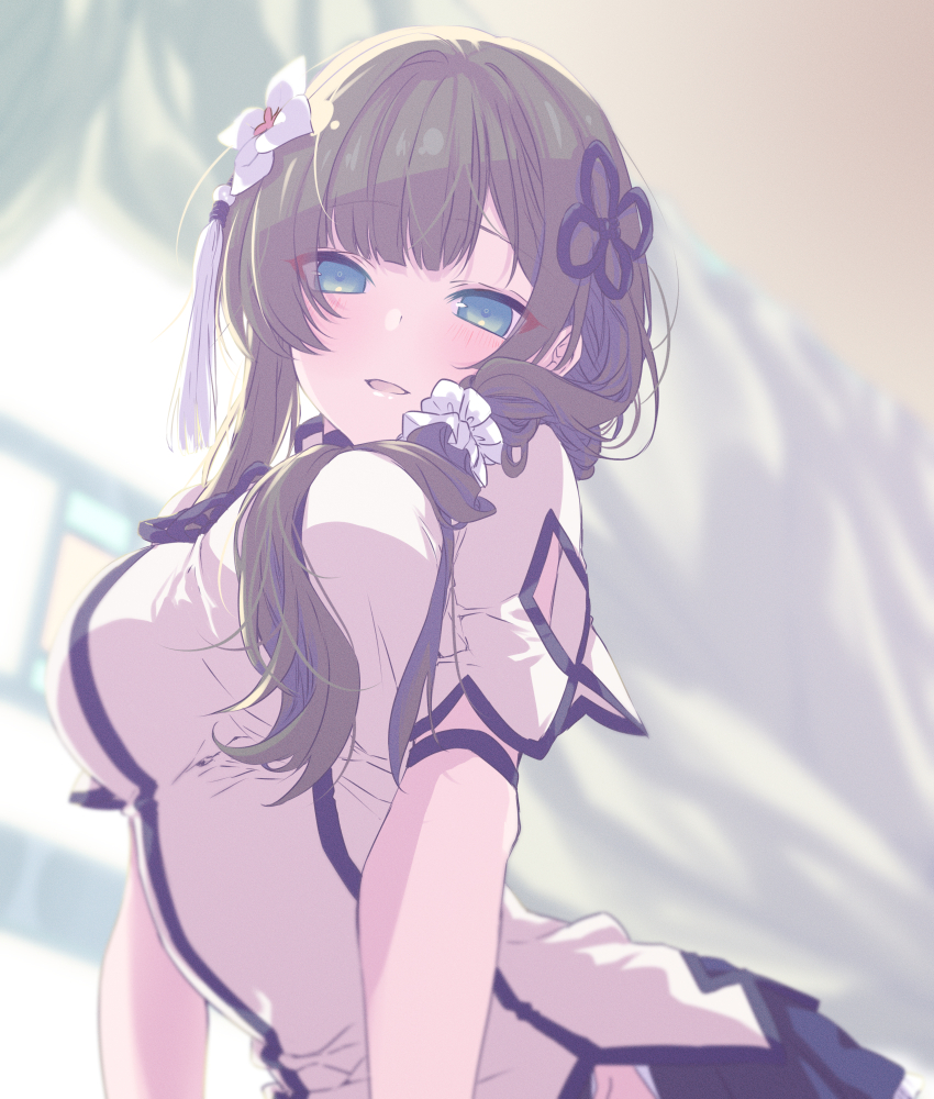 1girl, aqua_eyes, arched_back, arm_cutout, arm_strap, assault_lily, black_hair, black_skirt, blunt_bangs, blurry, blurry_background, blurry_foreground, blush, breasts, clothing_cutout, commentary, curtains, day, depth_of_field, flower, flower_knot, from_below, groin, hair_flower, hair_ornament, hair_over_shoulder, hair_scrunchie, highres, indoors, large_breasts, long_hair, looking_at_viewer, low_ponytail, naridon, parted_lips, pleated_skirt, ponytail, scrunchie, shirt, short_sleeves, side_ponytail, side_slit, skirt, smile, solo, tassel, tassel_hair_ornament, upper_body, wang_yujia, white_flower, white_scrunchie, white_shirt, window